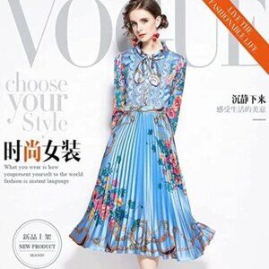 Dalia Macphee Pleated Maximalist Floral Lace Vintage Inspired Midi Dress